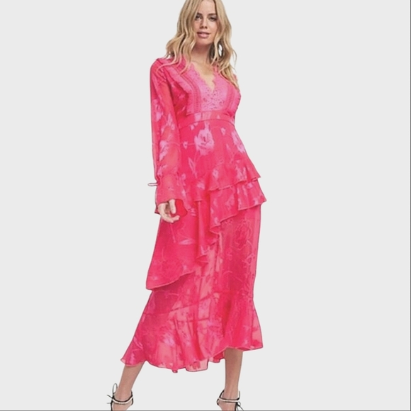 DARK PINK Frill Lacr plunge front midi dress In Hot Pink. Size 8 NWT - Picture 2 of 16